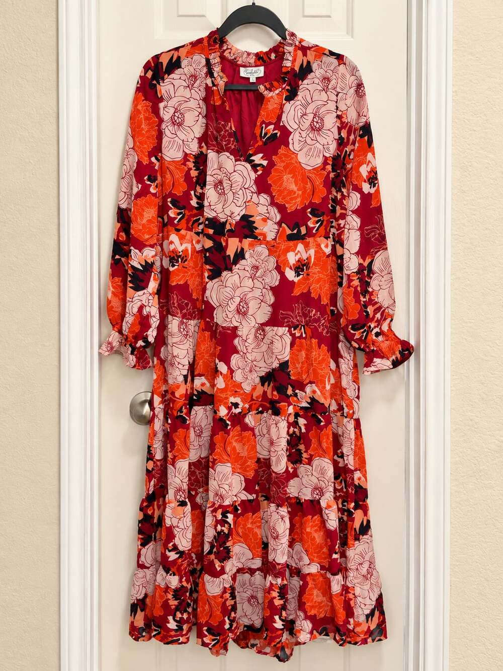 Mud Pie Floral Maxi Dress Women’s Large Red Orange Tiered Long Sleeve Boho